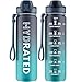 QLUR Trinkflasche, 1L BPA-Frei Tritan Wasserflasche mit Strohhalm, Trinkflasche Sport Auslaufsicher mit Zeitmarkierung und Bürste, Sportflasche für...