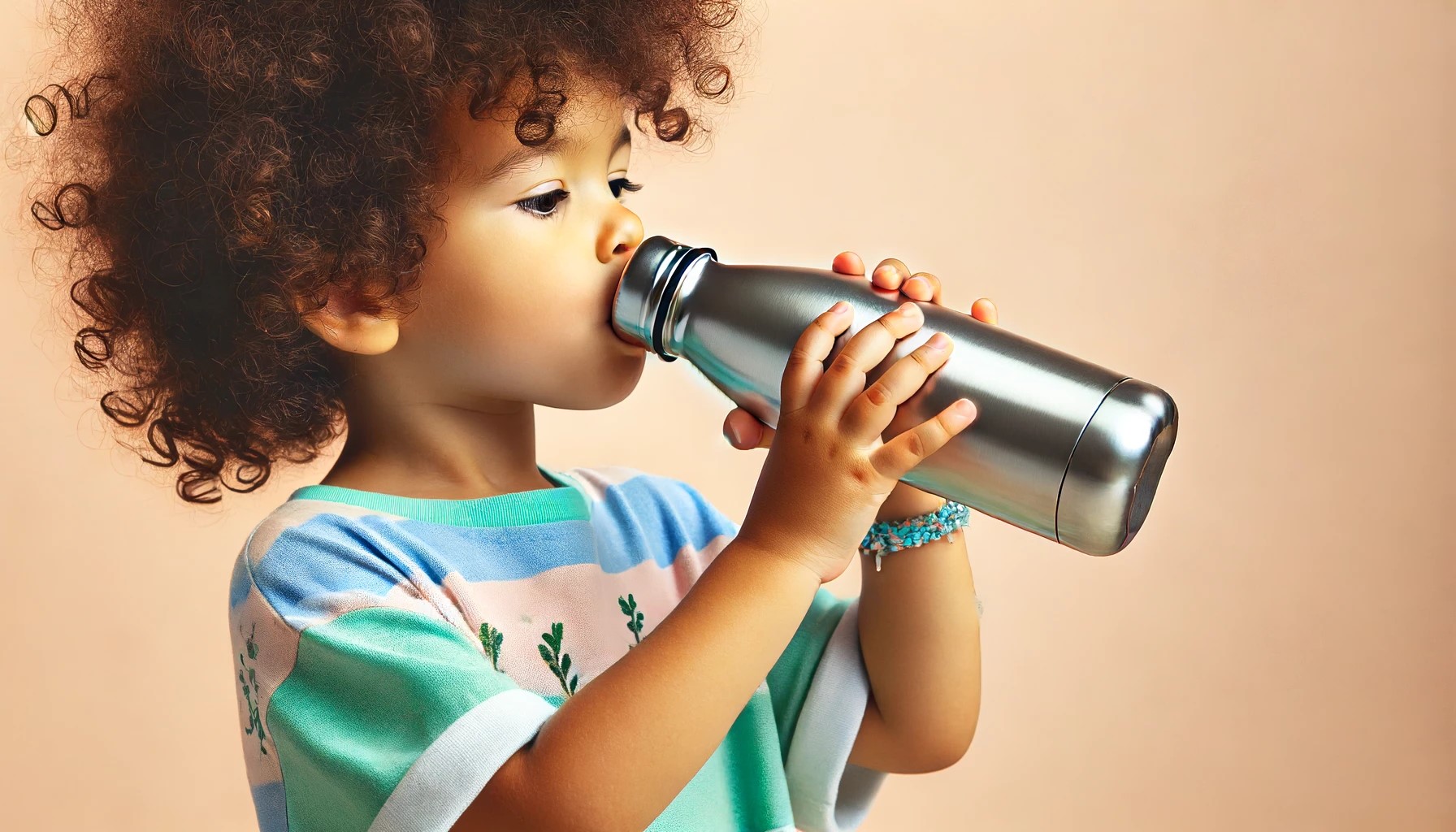 Kind mit Locken trinkt aus einer Edelstahltrinkflasche