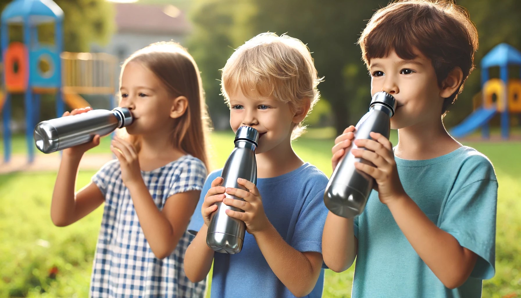 Kinder auf einem Spielplatz trinken aus Edelstahltrinkflaschen