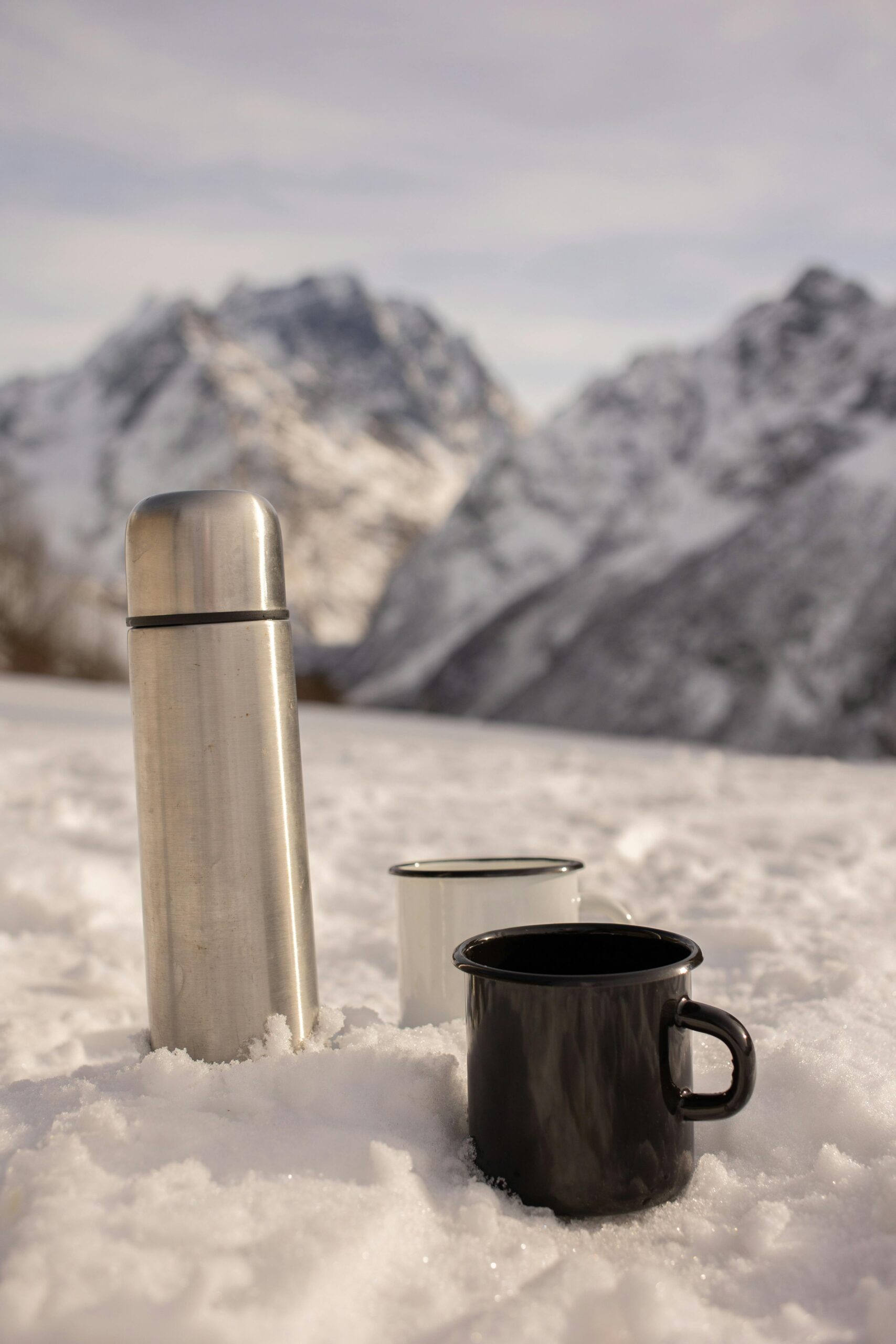 Thermosflasche steht im Schnee