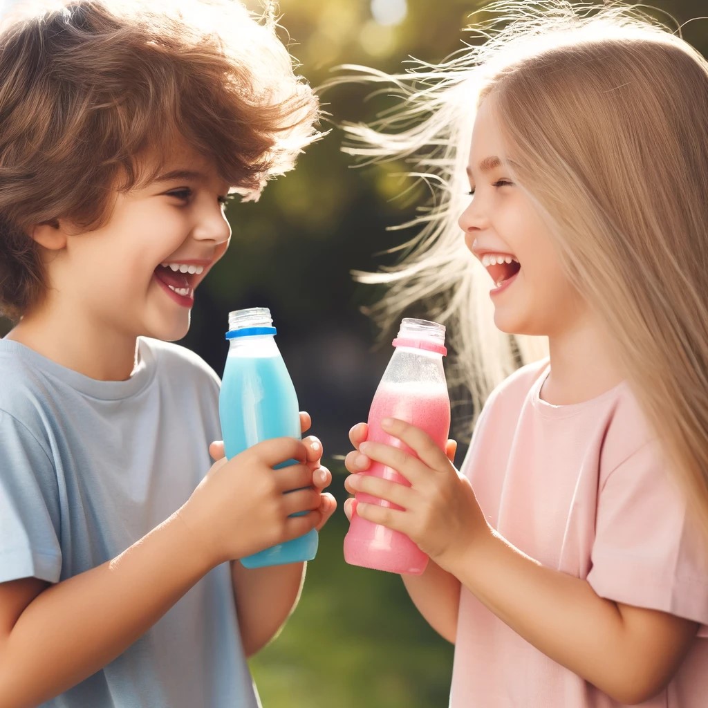 Lachende Kinder halten Trinkflasche in den Händen